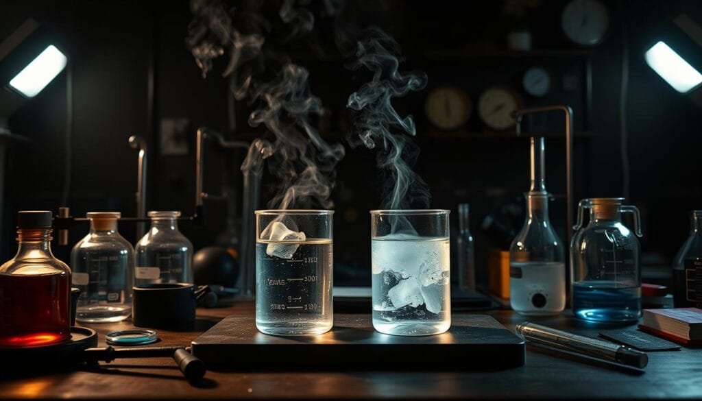 A dimly lit laboratory setting, with scientific glassware, thermometers, and other experimental apparatus scattered across a cluttered workbench. In the center, a pair of beakers filled with water, one steaming hot and the other icy cold, sit side by side, a subtle yet intriguing contrast. The lighting casts dramatic shadows, heightening the sense of scientific inquiry and discovery. The background is blurred, drawing the viewer's attention to the two beakers and the subtle, yet significant, "Mpemba effect" unfolding before them. The overall atmosphere is one of thoughtful contemplation, hinting at the ongoing debates and investigations surrounding this curious natural phenomenon. A dimly lit laboratory setting, with scientific glassware, thermometers, and other experimental apparatus scattered across a cluttered workbench. In the center, a pair of beakers filled with water, one steaming hot and the other icy cold, sit side by side, a subtle yet intriguing contrast. The lighting casts dramatic shadows, heightening the sense of scientific inquiry and discovery. The background is blurred, drawing the viewer's attention to the two beakers and the subtle, yet significant, "Mpemba effect" unfolding before them. The overall atmosphere is one of thoughtful contemplation, hinting at the ongoing debates and investigations surrounding this curious natural phenomenon.