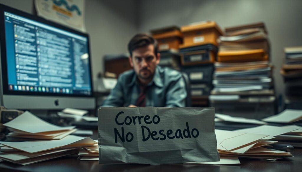A dimly lit office setting, with a cluttered desk and a computer screen displaying a flood of unread messages. In the foreground, a crumpled paper labeled "Correo No Deseado" lies amidst scattered envelopes and outdated technology. The middle ground features a pensive office worker, their expression conveying a sense of frustration and information overload. The background is hazy, with stacks of files and outdated office equipment, suggesting a sense of the past clashing with the digital present. The overall mood is one of mounting annoyance and the struggle to manage the ever-increasing tide of unwanted electronic correspondence.