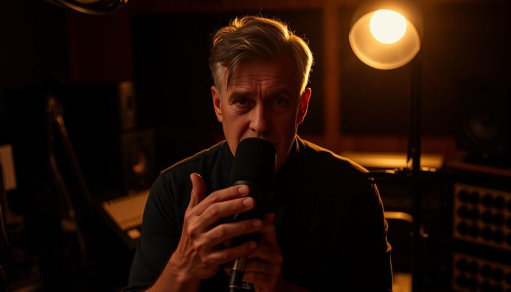 A dimly lit recording studio, with a middle-aged man sitting at a microphone, his face obscured in shadow. The background is a blur of sound equipment, cables, and sound-dampening panels. The man's posture is focused, his hands poised over the microphone, as if in the midst of delivering a performance. The lighting is warm and moody, casting dramatic shadows across his features, hinting at the depth of his vocal talent. The scene conveys a sense of artistry, professionalism, and the behind-the-scenes nature of the voice acting craft.