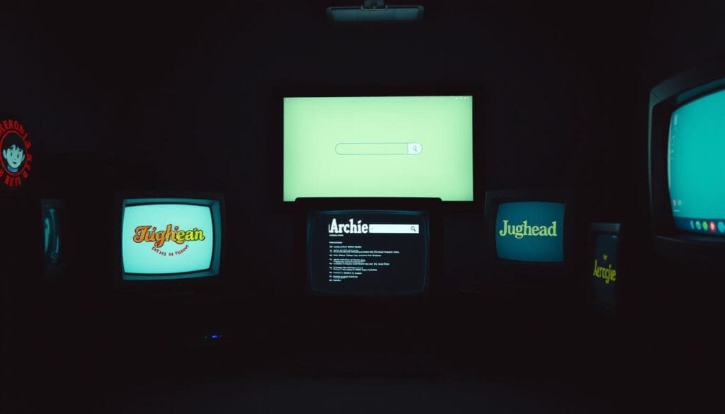 A dimly lit room, the glow of vintage computer monitors casting a soft light on the scene. In the center, an early search engine interface - Archie - its interface sparse and text-based, a testament to the pioneering days of the web. Surrounding it, other historic search tools like Veronica and Jughead, their logos and interfaces hinting at a time before the dominance of modern search engines. The atmosphere is one of nostalgia and technological history, inviting the viewer to explore the origins of how we find information online. A dimly lit room, the glow of vintage computer monitors casting a soft light on the scene. In the center, an early search engine interface - Archie - its interface sparse and text-based, a testament to the pioneering days of the web. Surrounding it, other historic search tools like Veronica and Jughead, their logos and interfaces hinting at a time before the dominance of modern search engines. The atmosphere is one of nostalgia and technological history, inviting the viewer to explore the origins of how we find information online.