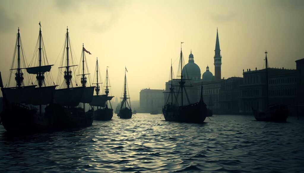 A dimly lit scene in the 14th century, depicting the bustling port of Venice. In the foreground, a group of ships anchored in the tranquil waters, their weathered sails casting long shadows on the rippling surface. The middle ground showcases the iconic Venetian architecture, with ornate marble facades and towering spires reaching skyward. In the background, a hazy, overcast sky sets a somber tone, alluding to the threat of the plague that haunted the region. The lighting is soft and muted, creating an atmosphere of unease and uncertainty, as if the city holds its breath in anticipation of the impending quarantine.