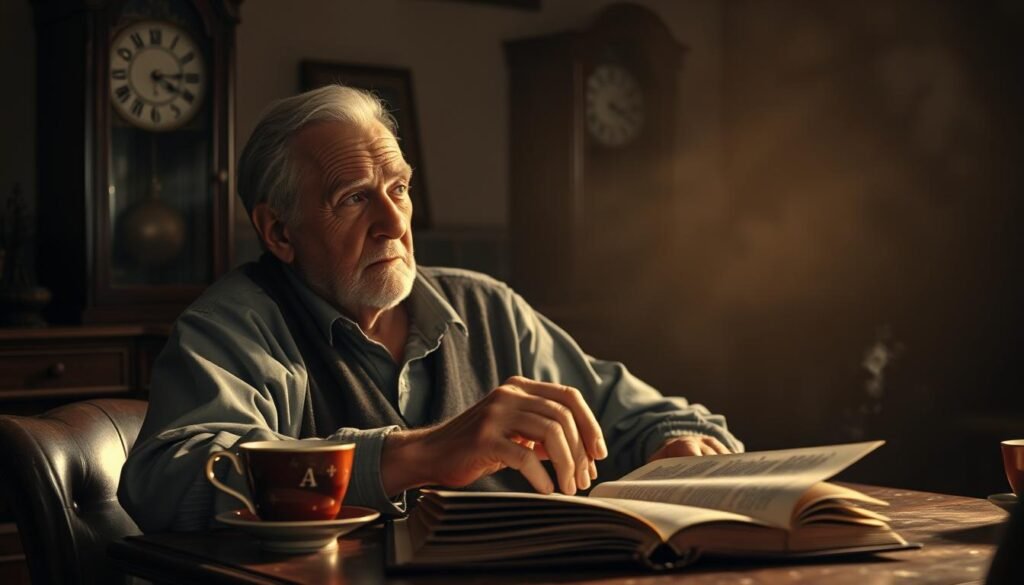 A dimly lit study, with a weathered wooden desk and a grandfather clock ticking in the corner. On the desk, an open leather-bound book and a steaming cup of tea, hinting at deep contemplation. In the foreground, an elderly man, his face lined with years of wisdom, sits lost in thought, his fingers tracing the pages of the book as he ponders the paradox of time travel. Soft, warm lighting casts shadows that accentuate the man's pensive expression, while the background fades into a hazy, sepia-toned scene, evoking a sense of timeless introspection. The scene captures the essence of the literary origins and formulation of the "grandfather paradox" in a visually captivating manner.