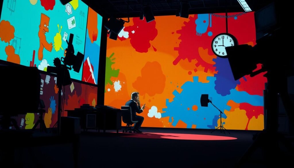 A dimly lit television studio, the camera focused on a small desk and chair against a backdrop of vibrant, abstract colors. A lone figure, Matt Groening, sits deep in thought, pen in hand, as the clock on the wall ticks away the minutes. The lighting casts dramatic shadows, hinting at the creative spark about to ignite. The atmosphere is charged with anticipation, as if the very air is holding its breath, waiting for the birth of a new animated series that will forever change the landscape of television.