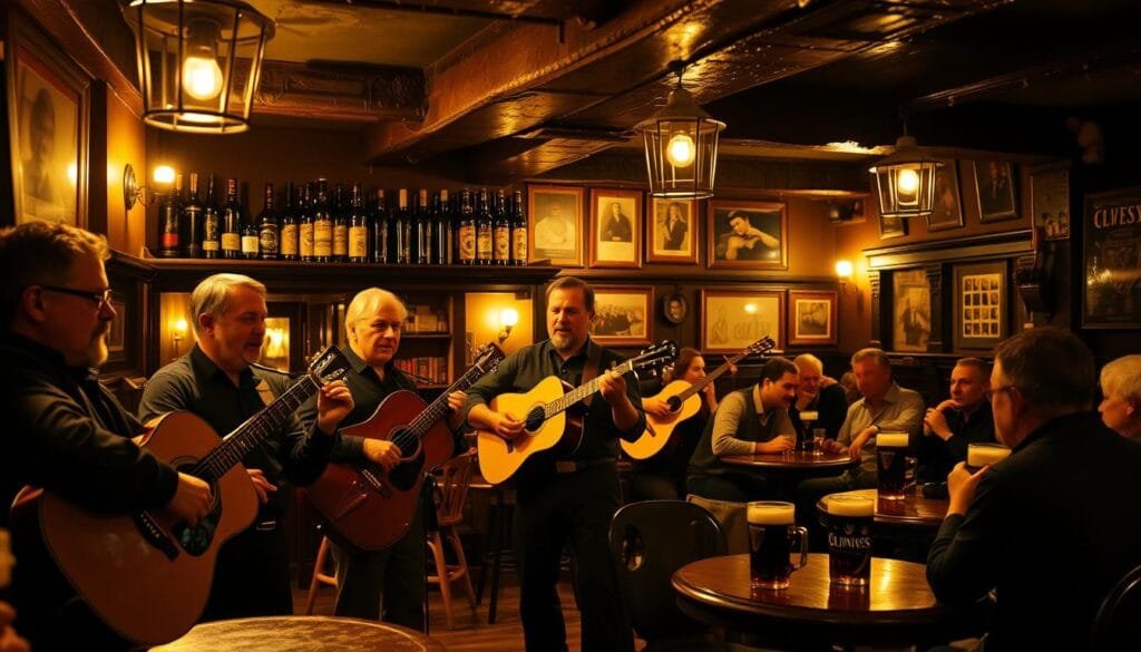 A dimly lit traditional Irish pub with a lively atmosphere. In the foreground, a group of musicians playing guitars, fiddles, and bodhráns, their faces animated as they perform a rousing traditional folk song. The pub's interior is filled with warm, golden lighting, creating a cozy and inviting ambiance. Wooden beams, shelves of liquor bottles, and old photographs on the walls add to the authentic, historic feel. In the background, patrons sit at tables, engaged in lively conversation, pints of Guinness in hand. The scene captures the vibrant, communal spirit of Irish pub culture and the central role of music in this enduring tradition.