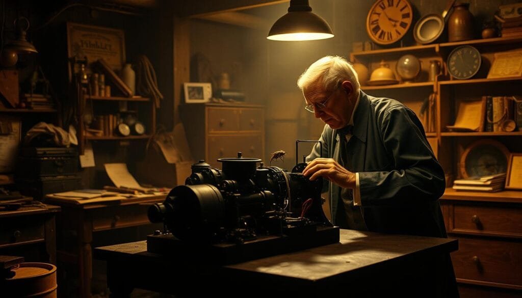 A dimly lit workshop, filled with the clutter of Edison's inventions. In the center, a large workbench holds a telegraph device, its intricate mechanisms exposed. A curious Thomas Edison examines the contraption, a look of concentration on his face as he investigates a trapped insect - a harbinger of the "bug" that would one day plague the world of computing. Soft, warm lighting illuminates the scene, casting dramatic shadows and highlighting the inventor's determination to understand the inner workings of his creation. The atmosphere is one of discovery, as Edison peers closely at the unexpected intruder, foreshadowing the dawn of a new era in technology. A dimly lit workshop, filled with the clutter of Edison's inventions. In the center, a large workbench holds a telegraph device, its intricate mechanisms exposed. A curious Thomas Edison examines the contraption, a look of concentration on his face as he investigates a trapped insect - a harbinger of the "bug" that would one day plague the world of computing. Soft, warm lighting illuminates the scene, casting dramatic shadows and highlighting the inventor's determination to understand the inner workings of his creation. The atmosphere is one of discovery, as Edison peers closely at the unexpected intruder, foreshadowing the dawn of a new era in technology.