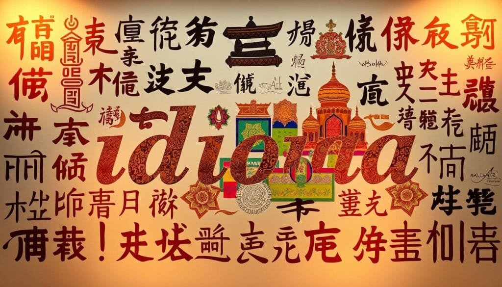 A diverse array of intricate scripts and calligraphic forms, representing the rich linguistic tapestry of Indonesia. A central focal point showcases the word "idioma" rendered in a variety of traditional Southeast Asian writing systems, each with its own unique aesthetic and cultural significance. The foreground is illuminated by warm, diffused lighting, casting subtle shadows that accentuate the textures and details of the scripts. The middle ground features a collage of vibrant, colorful patterns and motifs inspired by Indonesian textiles, handicrafts, and architectural elements, hinting at the country's cultural diversity. The background gradually fades into a softly blurred, atmospheric setting, evoking a sense of depth and tranquility, reinforcing the notion of Indonesia as a pluralistic nation. A diverse array of intricate scripts and calligraphic forms, representing the rich linguistic tapestry of Indonesia. A central focal point showcases the word "idioma" rendered in a variety of traditional Southeast Asian writing systems, each with its own unique aesthetic and cultural significance. The foreground is illuminated by warm, diffused lighting, casting subtle shadows that accentuate the textures and details of the scripts. The middle ground features a collage of vibrant, colorful patterns and motifs inspired by Indonesian textiles, handicrafts, and architectural elements, hinting at the country's cultural diversity. The background gradually fades into a softly blurred, atmospheric setting, evoking a sense of depth and tranquility, reinforcing the notion of Indonesia as a pluralistic nation.