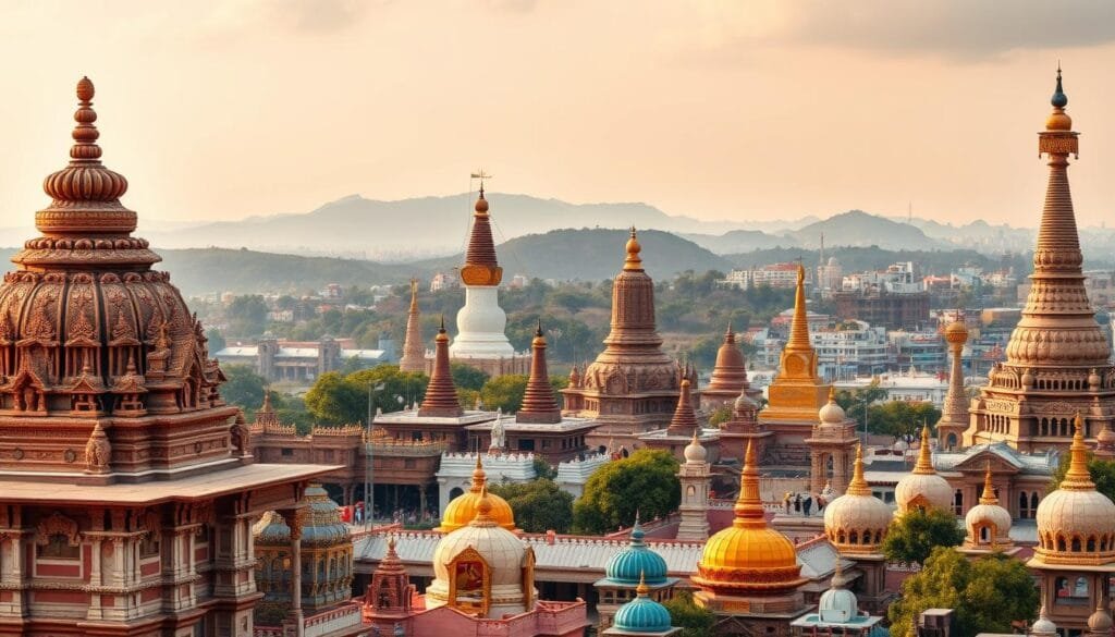 A diverse array of religious symbols and icons arranged in a harmonious, multi-layered composition. In the foreground, an ornate Hindu temple with intricate carvings and colorful domes, bathed in warm, soft lighting. In the middle ground, towering Buddhist stupas and monasteries nestled among rolling hills, evoking a sense of tranquility. In the background, a panoramic view of a bustling, cosmopolitan city, reflecting the pluralistic nature of India's religious landscape. The overall scene conveys the richness and coexistence of the major faiths in India - Hinduism, Buddhism, and others - creating a visually striking and thought-provoking representation of the "Religiones y sociedad" theme. A diverse array of religious symbols and icons arranged in a harmonious, multi-layered composition. In the foreground, an ornate Hindu temple with intricate carvings and colorful domes, bathed in warm, soft lighting. In the middle ground, towering Buddhist stupas and monasteries nestled among rolling hills, evoking a sense of tranquility. In the background, a panoramic view of a bustling, cosmopolitan city, reflecting the pluralistic nature of India's religious landscape. The overall scene conveys the richness and coexistence of the major faiths in India - Hinduism, Buddhism, and others - creating a visually striking and thought-provoking representation of the "Religiones y sociedad" theme.