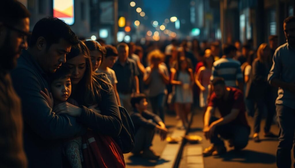 A diverse group of personas, representing different socioeconomic backgrounds, gathered in a dimly lit urban setting. In the foreground, a family huddled together, faces etched with worry and uncertainty. In the middle ground, a lone individual sits on the curb, head in hands, conveying a sense of isolation and despair. In the background, a blurred crowd mills about, highlighting the social tensions and inequalities amplified by the quarantine. The scene is illuminated by a warm, golden light, creating an atmospheric, cinematic quality that evokes a sense of empathy and contemplation.
