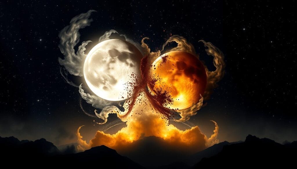 A dramatic celestial collision unfolds in the night sky, as two full moons, one pale and ghostly, the other a vibrant golden orb, clash in a spectacular display of gravitational forces. Swirling clouds of cosmic dust and debris surround the clashing moons, casting an eerie, ethereal glow across the scene. The foreground is bathed in deep shadows, while the background is illuminated by a brilliant starfield, hinting at the vast scale of this cosmic event. The overall mood is one of awe and wonder, capturing the scientific hypothesis of the Earth's ancient dual-moon system.