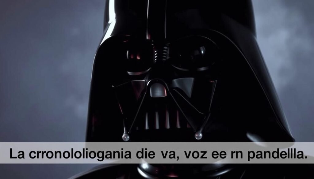 A dramatic, cinematic close-up of Darth Vader's iconic mask, the contoured black metal gleaming under dramatic studio lighting. The mask fills the frame, casting deep, ominous shadows that convey the character's brooding presence and inner conflict. The background is a hazy, atmospheric void, allowing the mask to take center stage and command the viewer's attention. The image has a high-contrast, moody aesthetic, evoking the dark, serious tone of the "Star Wars" universe. This visual representation captures the essence of the section's title, "La cronología de la voz de Vader en pantalla," highlighting the mask as a symbol of the character's evolving voice and identity throughout the films.