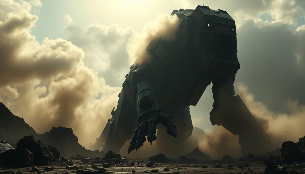 A dramatic, cinematic trailer scene depicting a massive, mechanical beast awakening from its slumber. The camera pans across a rugged, post-apocalyptic landscape bathed in moody, low-angle lighting. Billowing clouds of dust and debris obscure the foreground, teasing glimpses of the colossal creature's silhouette as it stirs, its metallic joints creaking and groaning. Shadows dance across its weathered, industrial form, hinting at its sheer size and power. The background is filled with the eerie, ambient score, building in intensity as the beast emerges, its glowing eyes piercing through the gloom, ready to unleash its fury upon the world.