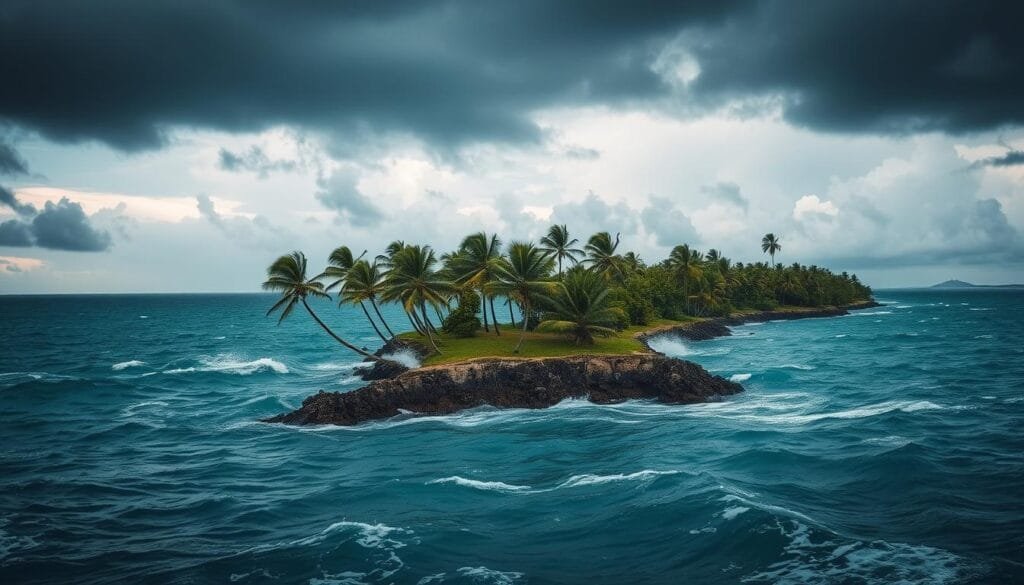 A dramatic coastal landscape under a moody, stormy sky. In the foreground, rising sea levels engulf a small island, palm trees swaying in the turbulent waters. The middle ground features a crumbling seawall, a futile attempt to hold back the encroaching ocean. In the distance, ominous clouds gather, foreshadowing the relentless march of climate change. The scene conveys a sense of vulnerability and the urgency to address the pressing issue of sea level rise and its devastating impact on island nations. Captured with a wide-angle lens, the composition highlights the scale and magnitude of the threat posed by global warming. A dramatic coastal landscape under a moody, stormy sky. In the foreground, rising sea levels engulf a small island, palm trees swaying in the turbulent waters. The middle ground features a crumbling seawall, a futile attempt to hold back the encroaching ocean. In the distance, ominous clouds gather, foreshadowing the relentless march of climate change. The scene conveys a sense of vulnerability and the urgency to address the pressing issue of sea level rise and its devastating impact on island nations. Captured with a wide-angle lens, the composition highlights the scale and magnitude of the threat posed by global warming.