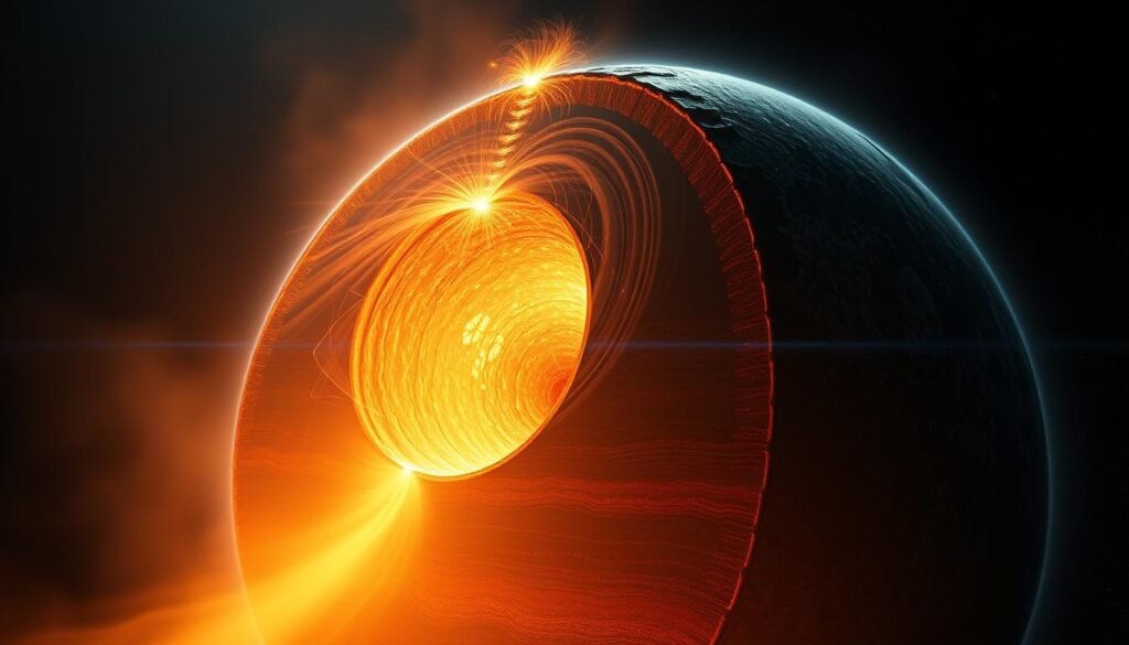 A dramatic cross-section of the Earth's core, featuring a glowing, molten iron nucleus at the center. Swirling plasma and magnetic field lines radiate outwards, visualizing the dynamic processes that generate the planet's protective magnetic shield. Textured layers of the mantle and crust form the background, while the foreground is illuminated by a soft, ethereal light, casting dramatic shadows and highlights. Rendered with a cinematic, scientific aesthetic that conveys the power and complexity of the Earth's inner workings.