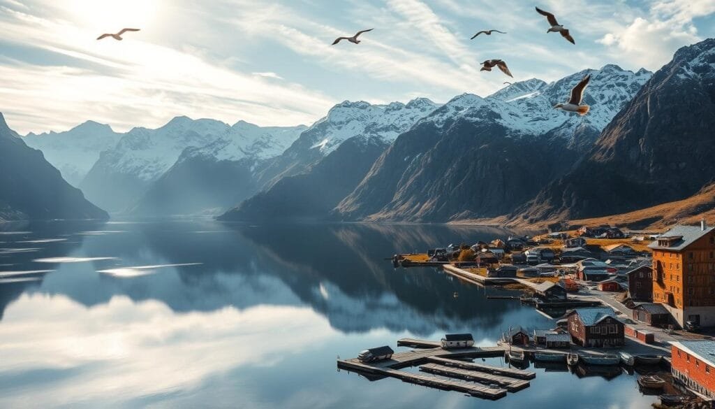 A dramatic fjord landscape in Norway, with towering snow-capped peaks reflected in the still, mirror-like waters. Sunlight filters through wispy clouds, casting warm, golden hues across the scene. In the foreground, a small fishing village nestles between the rugged cliffs, its traditional wooden buildings and docks echoing the natural surroundings. Seabirds soar overhead, their cries carried on the crisp, clean air. The mood is one of serene, untamed beauty, a window into the extraordinary natural wonders of the Nordic nation. A dramatic fjord landscape in Norway, with towering snow-capped peaks reflected in the still, mirror-like waters. Sunlight filters through wispy clouds, casting warm, golden hues across the scene. In the foreground, a small fishing village nestles between the rugged cliffs, its traditional wooden buildings and docks echoing the natural surroundings. Seabirds soar overhead, their cries carried on the crisp, clean air. The mood is one of serene, untamed beauty, a window into the extraordinary natural wonders of the Nordic nation.