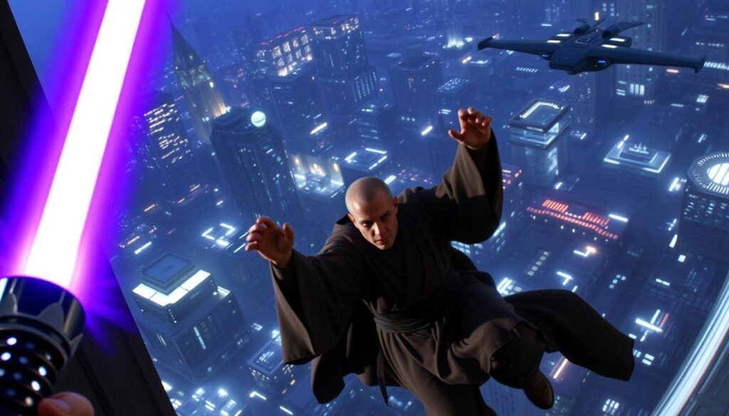 A dramatic scene of Mace Windu's iconic purple lightsaber, glowing amidst the chaos as he is pushed out of a tall window on Coruscant. The foreground showcases the elegant, distinctive hilt of Windu's blade, its violet hue illuminating the surrounding darkness. In the middle ground, the Jedi Master's robed figure is visible, mid-fall, his expression tense as he confronts his fate. The background depicts the expansive Coruscant skyline, skyscrapers and flying vehicles creating a sense of scale and urban setting. Dramatic lighting, with deep shadows and highlights, conveys the high-stakes drama of this pivotal moment in the Star Wars saga.