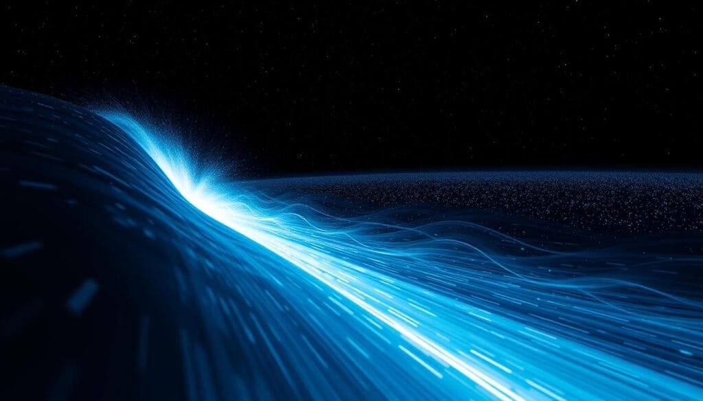 A dramatic scene of a powerful sonic wave propagating through the cosmic void. In the foreground, a shimmering blue-white shock front surges outward, its leading edge a razor-sharp line of intense energy. Rippling distortions in the surrounding blackness suggest the immense pressure and displacement of this invisible, soundless phenomenon. In the middle ground, faint wisps of luminous plasma trail behind the wave, glowing with an eerie, ethereal light. The distant background is a sea of twinkling stars, a serene yet unsettling counterpoint to the violent, silent forces at play. Captured with a wide-angle lens to emphasize the scale and grandeur of this remarkable cosmic event. A dramatic scene of a powerful sonic wave propagating through the cosmic void. In the foreground, a shimmering blue-white shock front surges outward, its leading edge a razor-sharp line of intense energy. Rippling distortions in the surrounding blackness suggest the immense pressure and displacement of this invisible, soundless phenomenon. In the middle ground, faint wisps of luminous plasma trail behind the wave, glowing with an eerie, ethereal light. The distant background is a sea of twinkling stars, a serene yet unsettling counterpoint to the violent, silent forces at play. Captured with a wide-angle lens to emphasize the scale and grandeur of this remarkable cosmic event.