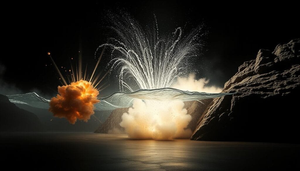 A dramatic scene of velocidad propagación, showcasing the vastly different speeds at which shockwaves travel through various mediums. In the foreground, a powerful explosion erupts, sending rippling waves through the air. In the middle ground, those same waves rapidly propagate through a pool of water, distorting the surface. In the background, the shockwave slowly crawls through a dense, rocky landscape, cracking the terrain. Dramatic lighting casts deep shadows, emphasizing the raw power and immense energy of the phenomenon. A high-contrast, cinematic aesthetic captures the sense of scale and the visceral impact of this process, as it unfolds across air, water, and solid matter. A dramatic scene of velocidad propagación, showcasing the vastly different speeds at which shockwaves travel through various mediums. In the foreground, a powerful explosion erupts, sending rippling waves through the air. In the middle ground, those same waves rapidly propagate through a pool of water, distorting the surface. In the background, the shockwave slowly crawls through a dense, rocky landscape, cracking the terrain. Dramatic lighting casts deep shadows, emphasizing the raw power and immense energy of the phenomenon. A high-contrast, cinematic aesthetic captures the sense of scale and the visceral impact of this process, as it unfolds across air, water, and solid matter.