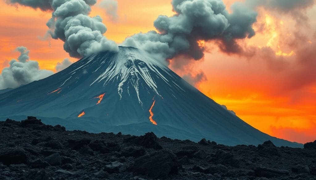 A dramatic volcanic landscape, with towering peaks and billowing plumes of ash-laden smoke. In the foreground, a rugged, weathered lava field, its jagged edges sculpted by the relentless forces of nature. The middle ground features a majestic, snow-capped volcanic cone, its slopes dotted with pockets of glowing embers and cascading rivulets of molten rock. In the background, a hazy, ethereal sky, painted in hues of orange and crimson, creating an otherworldly, almost apocalyptic atmosphere. Dramatic, high-contrast lighting casts sharp shadows, accentuating the rugged, primal beauty of this extreme natural wonder. Captured with a wide-angle lens to convey a sense of grand scale and immersive perspective. A dramatic volcanic landscape, with towering peaks and billowing plumes of ash-laden smoke. In the foreground, a rugged, weathered lava field, its jagged edges sculpted by the relentless forces of nature. The middle ground features a majestic, snow-capped volcanic cone, its slopes dotted with pockets of glowing embers and cascading rivulets of molten rock. In the background, a hazy, ethereal sky, painted in hues of orange and crimson, creating an otherworldly, almost apocalyptic atmosphere. Dramatic, high-contrast lighting casts sharp shadows, accentuating the rugged, primal beauty of this extreme natural wonder. Captured with a wide-angle lens to convey a sense of grand scale and immersive perspective.