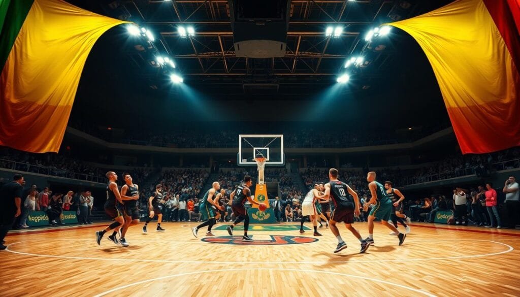 A dynamic basketball court framed by the Lithuanian national colors of yellow, green, and red. In the foreground, a group of players engaged in a heated match, their bodies in fluid motion as they dribble, pass, and shoot the ball. The court's surface gleams under intense stadium lighting, casting dramatic shadows that accentuate the players' athleticism. In the middle ground, spectators fill the stands, their faces alight with passionate cheers and support for their team. The background features the iconic symbols of Lithuanian basketball - the distinctive three-point arc and the hoop's backboard, emblazoned with the national emblem. An atmosphere of unbridled enthusiasm and national pride permeates the scene, capturing the essence of basketball as Lithuania's cherished national sport.