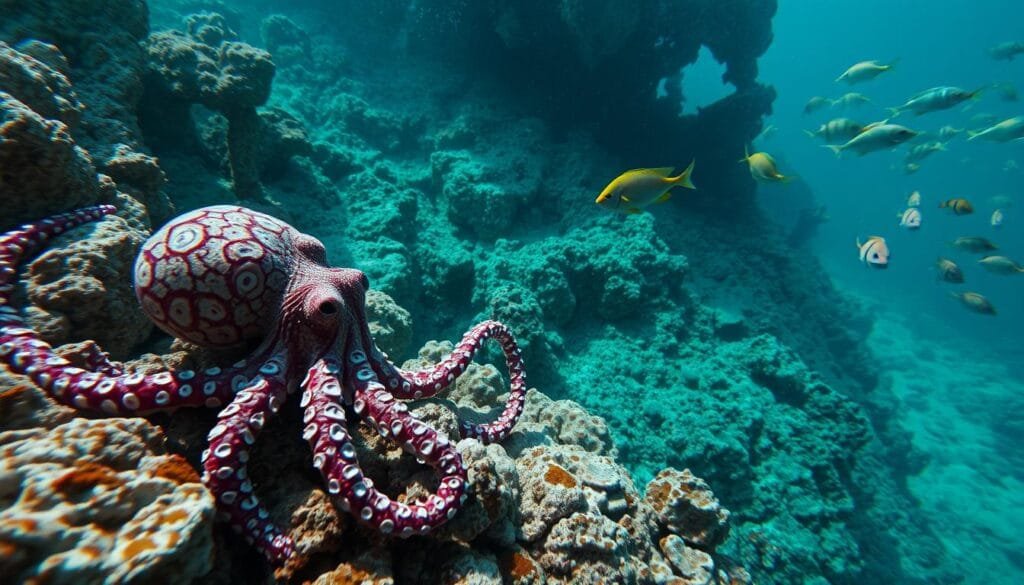 A dynamic, underwater scene showcasing the remarkable camouflage abilities of octopuses. In the foreground, a camouflaged octopus effortlessly blends into its rocky, coral-encrusted surroundings, its tentacles expertly mimicking the textures and colors of the seafloor. In the middle ground, another octopus skillfully navigates a maze-like environment, its shifting hues and patterns enabling it to evade potential predators with ease. In the distant background, a school of vibrant tropical fish dances through the shimmering, blue-green waters, creating a sense of tranquility and wonder. Subtle, natural lighting enhances the scene, casting soft shadows and highlights that accentuate the octopuses' remarkable camouflage abilities. The overall composition conveys the octopuses' exceptional intelligence, adaptability, and mastery of their aquatic domain.