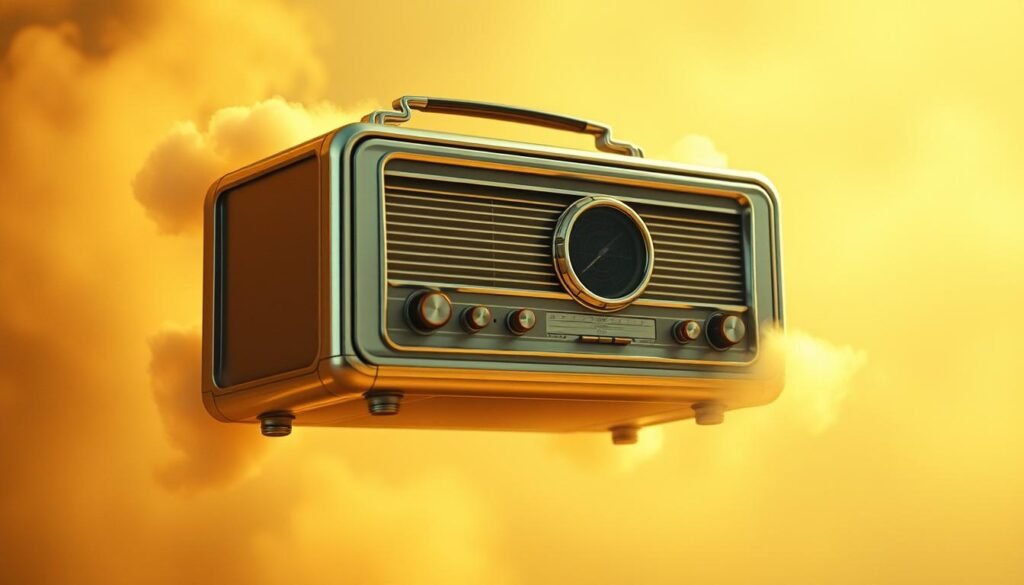 A dynamic vintage radio set floating mid-air, its sleek chrome exterior gleaming under warm, golden lighting. Intricate dials and knobs protrude from the body, evoking a sense of technological wonder. The radio is suspended against a hazy, dreamlike backdrop, conveying the idea of transcendence and the power of imagination. Wispy clouds or mist swirl gently around the radio, adding a sense of mystique and the otherworldly. The overall scene exudes a nostalgic, almost cinematic quality, capturing the essence of the golden age of radio and the transition to the era of flight.