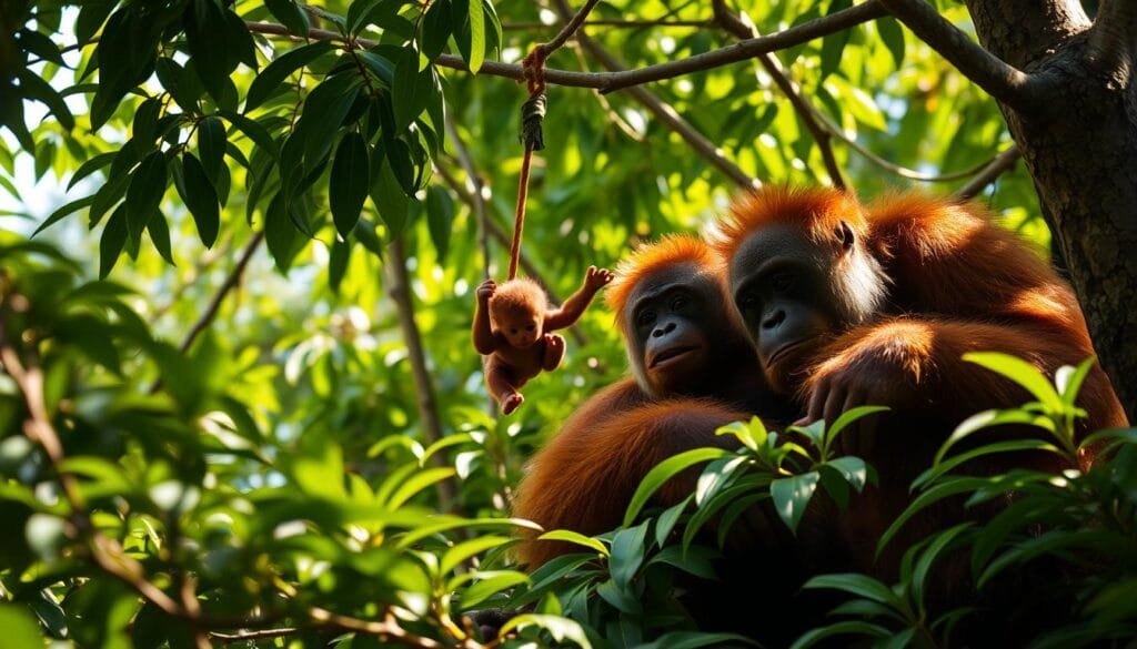 A family of orangutans resting peacefully in the lush, verdant canopy of a tropical rainforest. The large, auburn-haired primates sit calmly, their inquisitive eyes scanning the vibrant foliage around them. Dappled sunlight filters through the leaves, casting a warm, golden glow on their fur. In the middle ground, a young orangutan playfully swings from a branch, its nimble movements a testament to the species' remarkable agility. The background is filled with the rich, diverse flora of the Indonesian ecosystem, hinting at the incredible biodiversity that thrives in this endangered habitat. The overall scene conveys a sense of tranquility and the delicate balance of life in this remarkable corner of the world. A family of orangutans resting peacefully in the lush, verdant canopy of a tropical rainforest. The large, auburn-haired primates sit calmly, their inquisitive eyes scanning the vibrant foliage around them. Dappled sunlight filters through the leaves, casting a warm, golden glow on their fur. In the middle ground, a young orangutan playfully swings from a branch, its nimble movements a testament to the species' remarkable agility. The background is filled with the rich, diverse flora of the Indonesian ecosystem, hinting at the incredible biodiversity that thrives in this endangered habitat. The overall scene conveys a sense of tranquility and the delicate balance of life in this remarkable corner of the world.