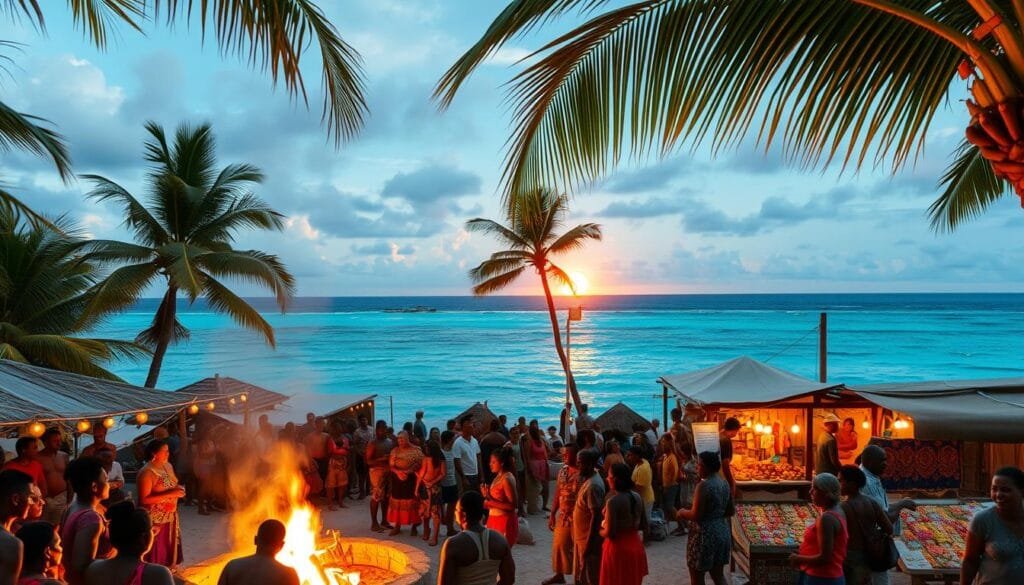 A festive New Year's celebration in the island nation of Kiribati, the first country to welcome the new year. A vibrant scene with palm trees swaying gently in the warm tropical breeze. In the foreground, locals gather around a bonfire, their faces illuminated by the flickering flames as they dance and sing traditional songs. In the middle ground, a lively street market bustles with vendors selling colorful handmade crafts and fragrant local delicacies. In the background, the sparkling azure waters of the Pacific Ocean meet the horizon, with a stunning sunset casting a warm glow over the entire landscape. The atmosphere is one of joyous anticipation and cultural celebration as Kiribati ushers in the new year before any other nation on Earth. A festive New Year's celebration in the island nation of Kiribati, the first country to welcome the new year. A vibrant scene with palm trees swaying gently in the warm tropical breeze. In the foreground, locals gather around a bonfire, their faces illuminated by the flickering flames as they dance and sing traditional songs. In the middle ground, a lively street market bustles with vendors selling colorful handmade crafts and fragrant local delicacies. In the background, the sparkling azure waters of the Pacific Ocean meet the horizon, with a stunning sunset casting a warm glow over the entire landscape. The atmosphere is one of joyous anticipation and cultural celebration as Kiribati ushers in the new year before any other nation on Earth.