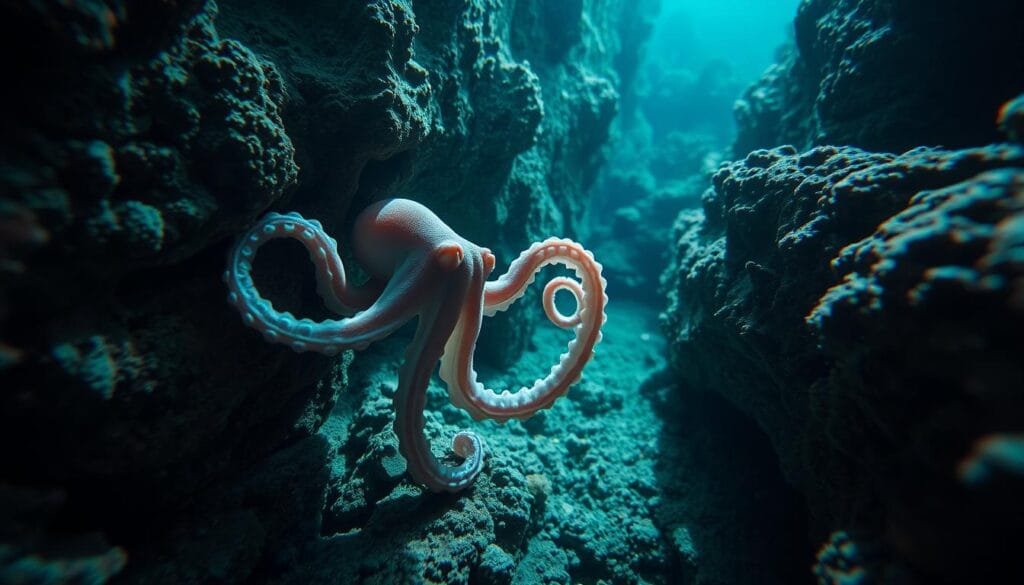 A flexible, boneless octopus exploring a rocky seabed, its tentacles gracefully undulating as it navigates through narrow crevices. The creature's soft, gelatinous body effortlessly contorts, allowing it to squeeze through tight spaces. Dramatic lighting from above casts dramatic shadows, highlighting the octopus's mesmerizing movements and its seamless integration with the rugged, textured environment. A sense of wonder and the octopus's remarkable adaptability are palpable in this captivating scene.