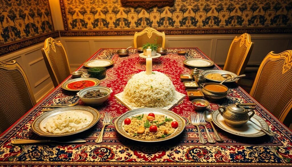 A formal Iranian dinner table setting, featuring an ornate, handwoven Persian rug as the centerpiece. On the table, an assortment of traditional Persian dishes, including fragrant basmati rice, saffron-infused stews, and a variety of fresh herbs and condiments. Delicate china and ornate silverware are arranged meticulously, reflecting the importance of etiquette and tradition. The lighting is warm and ambient, casting a golden glow over the scene, evoking the rich cultural heritage of Iran. In the background, a subtle pattern of intricate Persian tile work adorns the walls, further emphasizing the refined and elegant atmosphere of this Iranian dining experience.