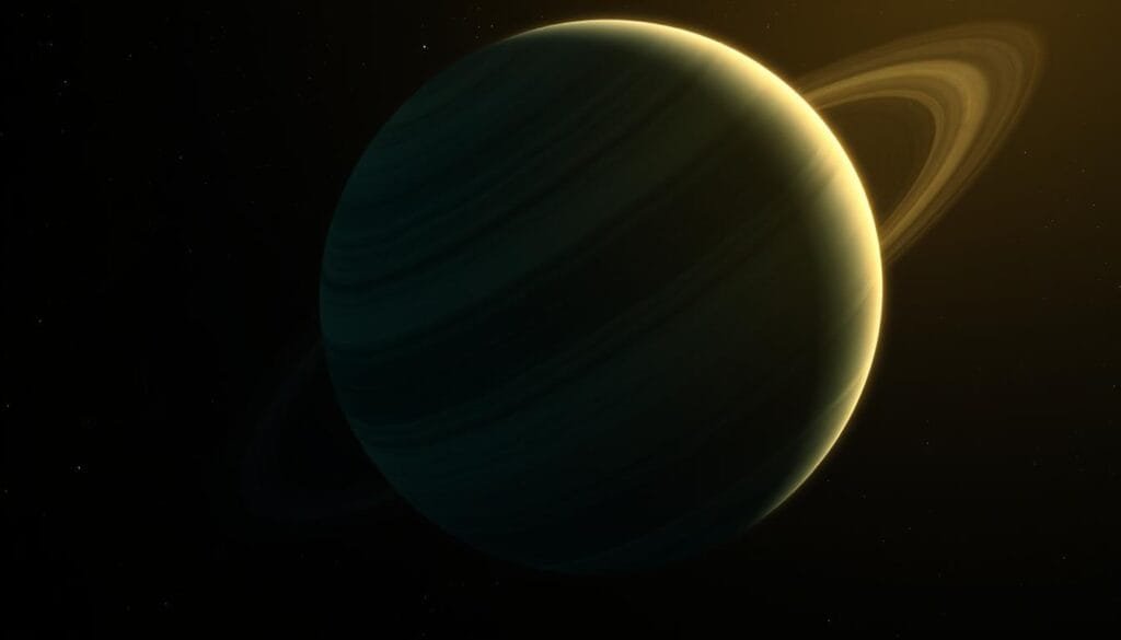 A gas giant planet tilting on its side, bathed in warm, ethereal light. The horizon curves gracefully, hinting at the planet's immense scale. Wispy, swirling clouds in shades of blue and green drift across the surface, conveying a sense of gentle motion. In the foreground, a dramatic, sharply angled view captures the planet's unusual orientation, emphasizing its dramatic tilt. The background features a starry, velvety black void, lending a contemplative, almost otherworldly atmosphere. Meticulously detailed, with a cinematic, high-fidelity aesthetic that invites the viewer to ponder the mysteries of this peculiar world.