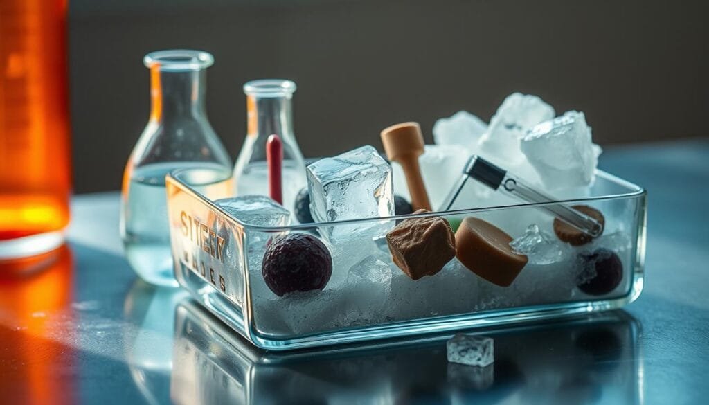 A glass container filled with various frozen objects, including a beaker of clear liquid, ice cubes, and other experimental items arranged on a reflective metal surface. The scene is illuminated by a soft, directional light from the side, casting subtle shadows and highlights that accentuate the textures and forms of the frozen elements. The overall mood is one of scientific curiosity and a sense of discovery, inviting the viewer to imagine the process of conducting these household experiments. A glass container filled with various frozen objects, including a beaker of clear liquid, ice cubes, and other experimental items arranged on a reflective metal surface. The scene is illuminated by a soft, directional light from the side, casting subtle shadows and highlights that accentuate the textures and forms of the frozen elements. The overall mood is one of scientific curiosity and a sense of discovery, inviting the viewer to imagine the process of conducting these household experiments.