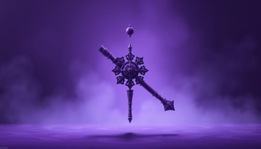 A graceful, elegant purple mace levitating in a meditative, serene environment. The weapon's intricate details and ornate design are captured in high resolution, with a rich, velvety hue that suggests power and balance. The mace is positioned in the center of the frame, surrounded by a faint, glowing aura and subtle, diffused lighting that creates a contemplative, almost spiritual atmosphere. The background is a soft, ethereal blend of deep purple, indigo, and lavender hues, evoking the theme of the Jedi Order's struggle for inner peace and harmony.