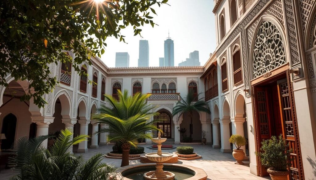 A grand, ancient Riad nestled in the heart of Riyadh, Saudi Arabia's bustling capital. In the foreground, a serene courtyard with ornate arches, lush greenery, and a gentle fountain. Sunlight streams through intricate latticework, casting intricate patterns on the pristine white walls. The middle ground reveals the Riad's imposing facade, adorned with ornate Arabesque designs and richly-hued wooden accents. In the background, the city's modern skyline rises, a harmonious blend of the traditional and the contemporary. The scene exudes an air of timeless elegance, a testament to Riyadh's rich cultural heritage and its embrace of modernity.