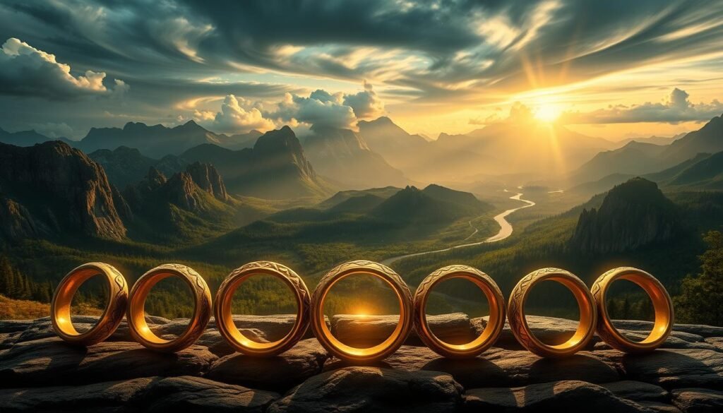 A grand and majestic composition showcasing the iconic Rings of Power from the world of The Lord of the Rings. In the foreground, the nine Elven Rings of Power gleam with a captivating radiance, their intricate designs and enchanting auras taking center stage. The middle ground reveals the sweeping landscapes of Middle-earth, with towering mountains, lush forests, and winding rivers setting the scene. In the background, a dramatic sky filled with swirling clouds and shimmering light casts an otherworldly glow, evoking the mystical and ancient nature of these legendary artifacts. Lighting is warm and diffused, creating a sense of timeless grandeur. The composition is balanced and harmonious, inviting the viewer to explore the rich history and significance of the Rings of Power.
