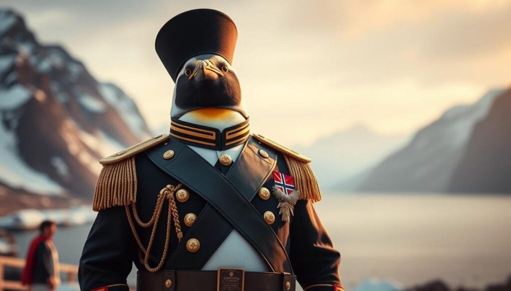 A grand and majestic penguin, garbed in the finest royal regalia, stands tall and proud as the esteemed Brigadier of the Norwegian Royal Guard. Resplendent in a meticulously tailored uniform adorned with gleaming brass buttons and epaulets, the penguin's regal bearing commands respect and admiration. Surrounded by a serene landscape of snow-capped mountains and glistening fjords, the scene exudes a sense of quiet dignity and understated elegance that reflects the ethos of Norwegian society. Soft, diffused lighting bathes the penguin in a warm, golden glow, highlighting the subtle details of its magnificent attire and the tranquil beauty of its Nordic setting. This image captivates the viewer, seamlessly blending the whimsical and the majestic to convey the unique cultural identity and values of Norway. A grand and majestic penguin, garbed in the finest royal regalia, stands tall and proud as the esteemed Brigadier of the Norwegian Royal Guard. Resplendent in a meticulously tailored uniform adorned with gleaming brass buttons and epaulets, the penguin's regal bearing commands respect and admiration. Surrounded by a serene landscape of snow-capped mountains and glistening fjords, the scene exudes a sense of quiet dignity and understated elegance that reflects the ethos of Norwegian society. Soft, diffused lighting bathes the penguin in a warm, golden glow, highlighting the subtle details of its magnificent attire and the tranquil beauty of its Nordic setting. This image captivates the viewer, seamlessly blending the whimsical and the majestic to convey the unique cultural identity and values of Norway.