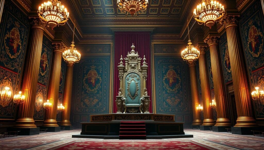 A grand ceremonial hall, lit by the warm glow of chandeliers, with ornate tapestries and gilded columns lining the walls. In the center, a majestic throne stands upon a raised dais, its intricate carvings and intricate details reflecting the power and grandeur of a ancient monarchy. The atmosphere is one of reverence and tradition, with a sense of timeless elegance and regal authority. The scene conveys the essence of a sovereign nation, steeped in the rich history and cultural heritage of its royal lineage. A grand ceremonial hall, lit by the warm glow of chandeliers, with ornate tapestries and gilded columns lining the walls. In the center, a majestic throne stands upon a raised dais, its intricate carvings and intricate details reflecting the power and grandeur of a ancient monarchy. The atmosphere is one of reverence and tradition, with a sense of timeless elegance and regal authority. The scene conveys the essence of a sovereign nation, steeped in the rich history and cultural heritage of its royal lineage.