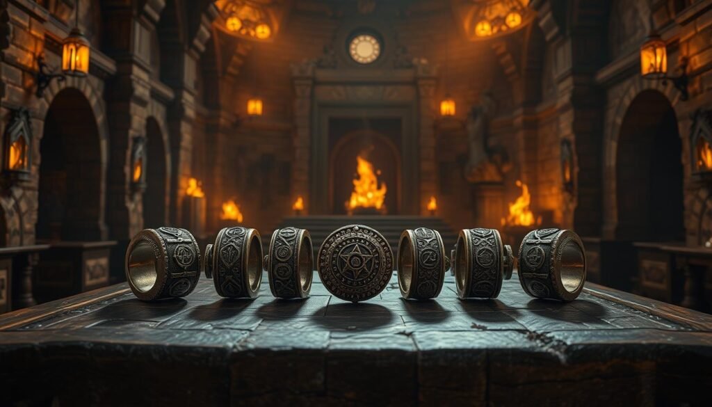 A grand hall of stone, bathed in warm firelight, where seven ornate dwarf-forged rings sit upon a sturdy table. The engraved sigils and intricate metalwork glint with a mesmerizing allure, hinting at the wealth and might of the Dwarven lords who once possessed them. A sense of history and grandeur permeates the scene, inviting the viewer to imagine the tales of greed, lineage, and misfortune that these ancient rings have witnessed over the centuries.
