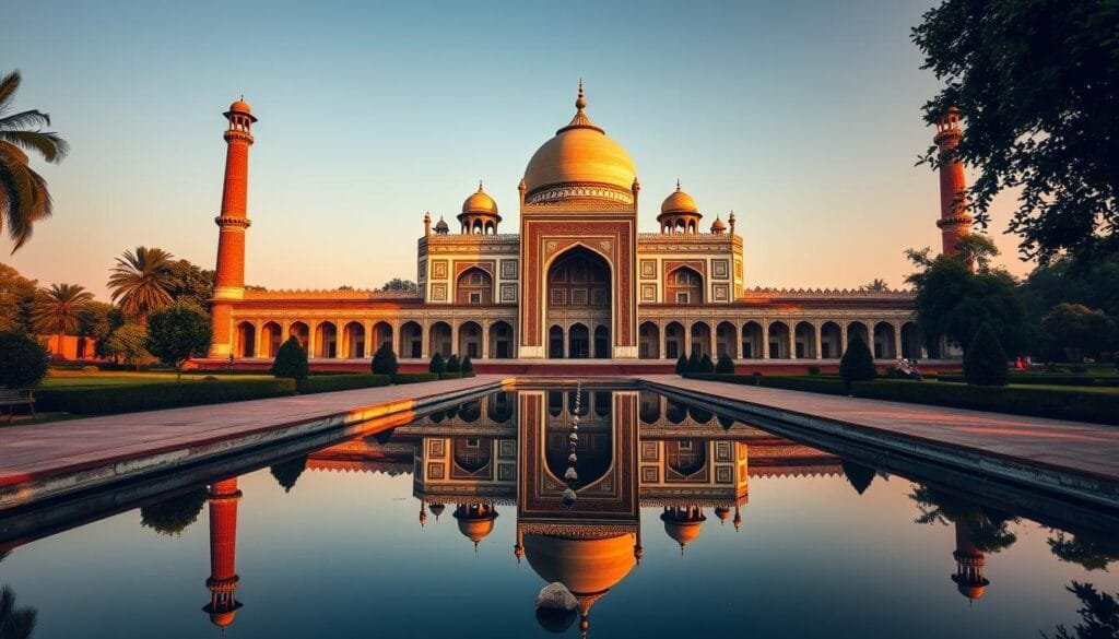 A grand, majestic Mughal-era architectural marvel, bathed in warm, golden afternoon light. The ornate, domed structure stands tall, flanked by minarets and surrounded by lush, verdant gardens. Intricate patterns and calligraphic motifs adorn the facade, reflecting the rich cultural heritage of the region. In the foreground, a tranquil reflecting pool mirrors the stunning architecture, creating a sense of symmetry and balance. The overall scene exudes a serene, timeless quality, inviting the viewer to step back in time and appreciate the artistry and craftsmanship of this remarkable cultural treasure.