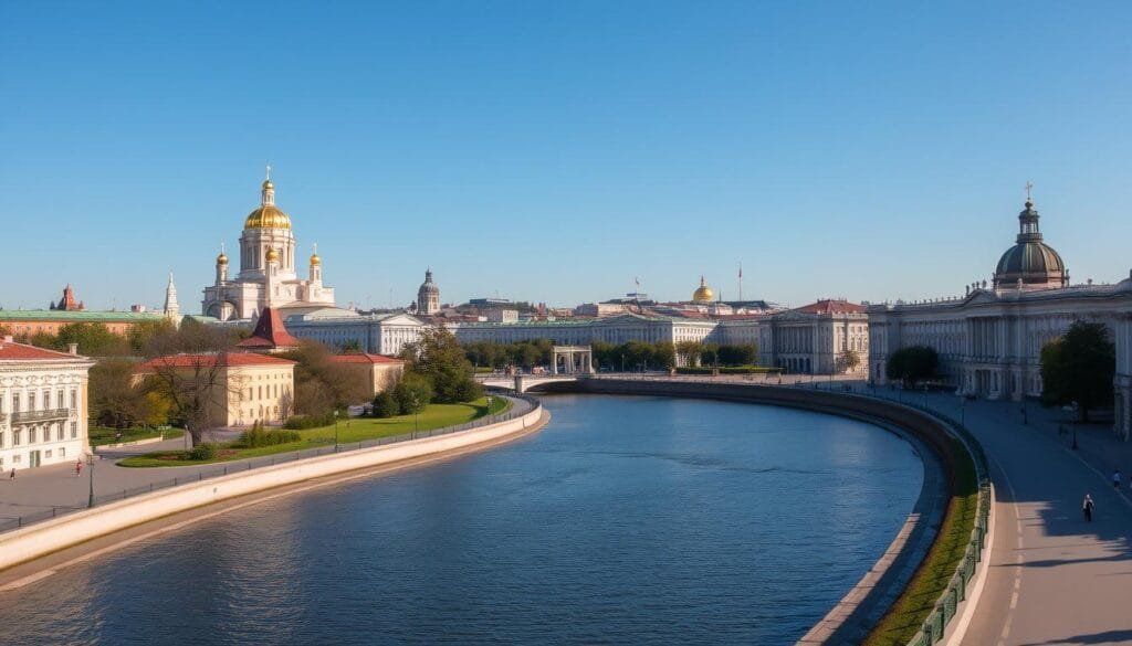 A grand, ornate city skyline set against a clear, azure sky. The iconic golden domes and spires of the Church of the Savior on Spilled Blood rise majestically, reflecting the warm sunlight. In the foreground, the winding Neva River flows peacefully, its banks lined with elegant, pastel-colored buildings and grand, neoclassical architecture. Cobblestone streets and lush, tree-lined avenues lead the eye towards the iconic Hermitage Museum and the majestic Winter Palace, symbols of Saint Petersburg's regal history and cultural significance. A sense of timeless elegance and grandeur permeates the scene, inviting the viewer to explore the historic heart of this magnificent Russian city.
