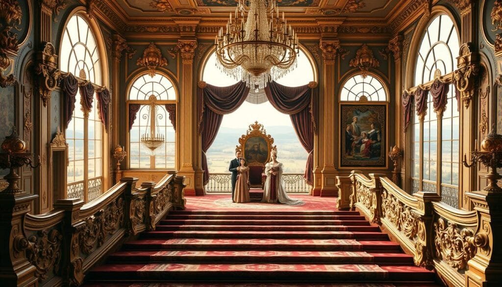 A grand, ornate palace with a sweeping royal staircase in the foreground, leading up to an opulent throne room adorned with gold accents, rich tapestries, and a magnificent chandelier. In the middle ground, a group of elegantly dressed figures, including the King and Queen, stand in formal poses, conveying an air of dignity and authority. The background showcases a picturesque landscape visible through large, arched windows, bathed in warm, natural lighting. The overall scene evokes a sense of traditional, constitutional monarchy, with a harmonious blend of architectural grandeur and the formality of the royal court.