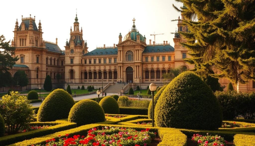 A grand palace stands tall, its ornate facade adorned with intricate carvings and towering spires. The building is bathed in warm, golden light, casting rich shadows across its weathered stone walls. In the foreground, a lush, manicured garden unfolds, its vibrant flowers and meticulously trimmed hedges creating a serene and picturesque setting. In the distance, a historic city skyline can be seen, hinting at the deep-rooted traditions and cultural heritage of this captivating location. The overall scene exudes a sense of grandeur, elegance, and timeless beauty, capturing the essence of the "gran ducado" in a striking and compelling manner.