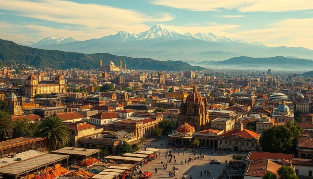 A grand, sprawling city skyline of Mexico City, the capital of Mexico, nestled in a lush, mountainous landscape. In the foreground, a bustling plaza with vibrant markets selling an array of colorful produce, spices, and traditional handicrafts. In the middle ground, towering colonial-era buildings and cathedrals adorned with intricate architecture. In the background, the majestic snow-capped peaks of the surrounding volcanoes, bathed in warm, golden sunlight. The scene exudes a sense of rich history, cultural heritage, and culinary traditions that have shaped Mexico's identity over centuries.