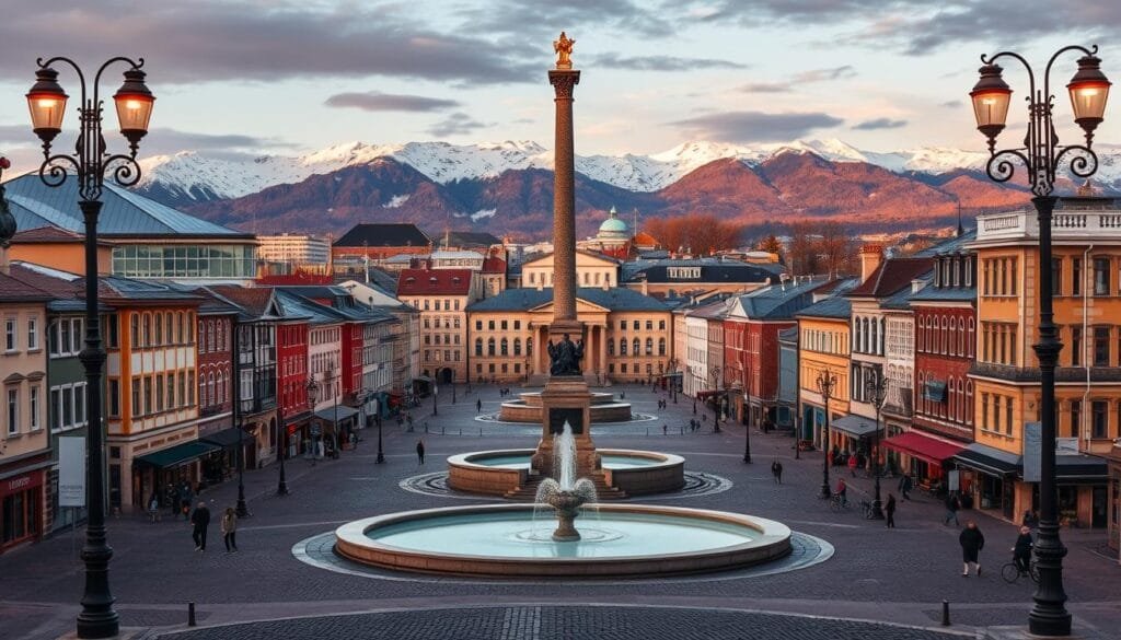 A grand, stately capital city nestled in a Nordic landscape. Striking modern architecture juxtaposed against historical landmarks, framed by majestic snow-capped mountains in the distance. Cobblestone streets lined with colorful buildings, their facades bathed in warm golden light from ornate streetlamps. In the central square, a towering monument stands tall, its intricate details reflected in a tranquil fountain pool. Pedestrians and cyclists leisurely move through the picturesque scene, creating a sense of vibrant urban life. The entire composition exudes an air of sophisticated elegance and timeless charm.