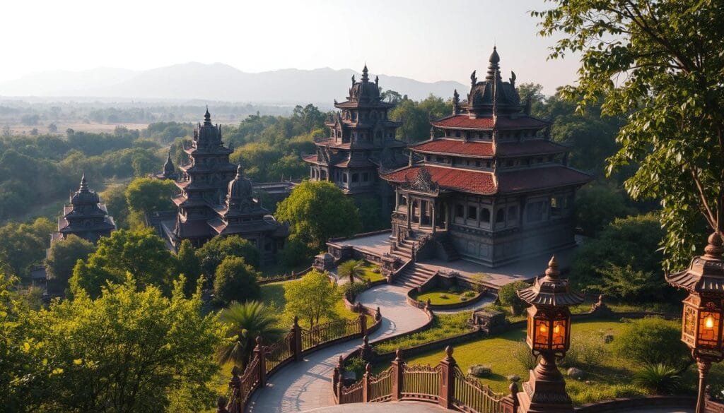 A grand, sun-dappled temple complex nestled amidst lush, verdant foliage. The ancient, weathered structures stand tall, their intricate carvings and ornate roofs reflecting the rich cultural heritage of Vietnam. In the foreground, a winding path leads visitors through the serene grounds, with traditional lanterns and incense offerings creating an atmosphere of reverence and timelessness. In the background, a distant mountain range provides a majestic backdrop, hinting at the broader landscape that surrounds this iconic architectural marvel. Soft, diffused lighting casts warm, golden tones across the scene, evoking a sense of timeless tranquility and the enduring spirit of Vietnam's living history. A grand, sun-dappled temple complex nestled amidst lush, verdant foliage. The ancient, weathered structures stand tall, their intricate carvings and ornate roofs reflecting the rich cultural heritage of Vietnam. In the foreground, a winding path leads visitors through the serene grounds, with traditional lanterns and incense offerings creating an atmosphere of reverence and timelessness. In the background, a distant mountain range provides a majestic backdrop, hinting at the broader landscape that surrounds this iconic architectural marvel. Soft, diffused lighting casts warm, golden tones across the scene, evoking a sense of timeless tranquility and the enduring spirit of Vietnam's living history.