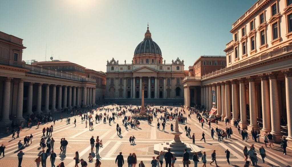 A grand, sunlit plaza with the iconic St. Peter's Basilica and dome in the background, towering majestically over the scene. In the foreground, a bustling piazza filled with tourists and locals milling about, captured through a wide-angle lens that emphasizes the grandeur of the architecture. Warm, golden lighting bathes the scene, creating a sense of timeless elegance. The plaza's intricate paving patterns, ornate fountains, and ornamental columns add depth and visual interest, while the surrounding buildings with their ornate facades frame the composition. This is the heart of the Vatican, a place of wonder and spiritual contemplation, where the small size of the world's smallest country is juxtaposed with the immense scale and significance of the Catholic Church.