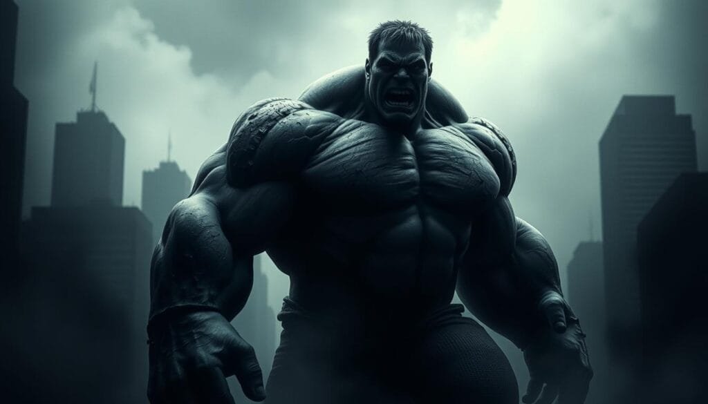 A grey, hulking figure emerges from the shadows, its massive frame casting a looming presence. Veins of charcoal and ash ripple across its surface, hinting at the immense power contained within. The lighting is moody, with deep shadows and a somber, atmospheric palette, creating a sense of foreboding. In the background, a cityscape fades into a hazy, indistinct blur, the focus centered entirely on the central figure. The composition is balanced, the Hulk's imposing silhouette commanding the frame, while subtle details in the texture and shading suggest the inner turmoil of this primal, uncontrolled force. An aura of tension and uncertainty permeates the scene, hinting at the dramatic transformation that would later occur. A grey, hulking figure emerges from the shadows, its massive frame casting a looming presence. Veins of charcoal and ash ripple across its surface, hinting at the immense power contained within. The lighting is moody, with deep shadows and a somber, atmospheric palette, creating a sense of foreboding. In the background, a cityscape fades into a hazy, indistinct blur, the focus centered entirely on the central figure. The composition is balanced, the Hulk's imposing silhouette commanding the frame, while subtle details in the texture and shading suggest the inner turmoil of this primal, uncontrolled force. An aura of tension and uncertainty permeates the scene, hinting at the dramatic transformation that would later occur.