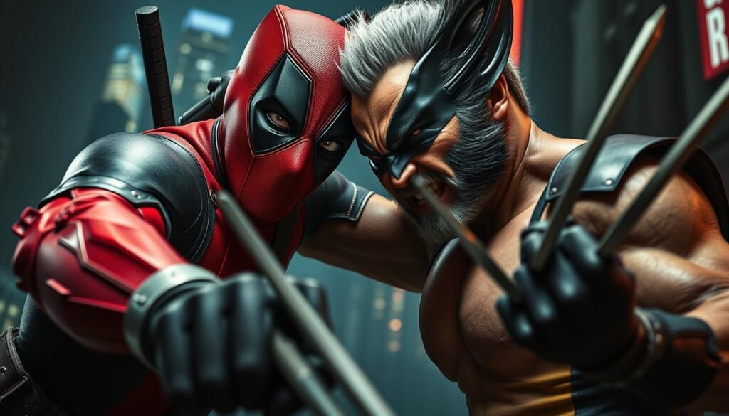 A gritty, cinematic portrait of Deadpool and Wolverine locked in an intense battle. Deadpool, his crimson suit and twin katanas gleaming, leans forward aggressively, his mischievous gaze daring the viewer. Wolverine, his adamantium claws extended, stands firm, his weathered face set in a determined scowl. The two anti-heroes are framed in a dimly lit, urban setting, with a hint of skyscrapers and neon lights in the background, creating a moody, atmospheric backdrop. The lighting is dramatic, casting deep shadows and highlights that accentuate the raw power and conflict between these two iconic Marvel characters. The composition is tightly focused, emphasizing the intensity of the moment and the palpable tension between the two combatants.