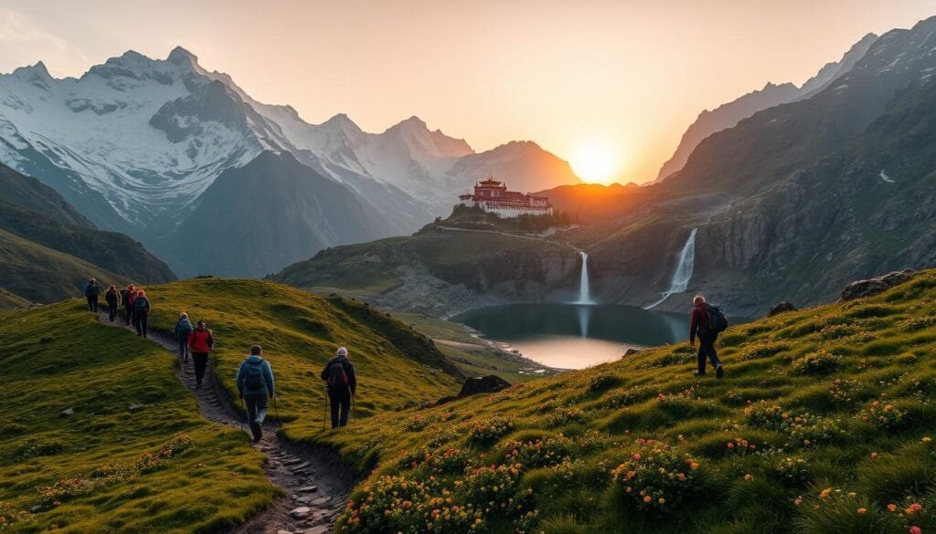 A group of hikers trekking through a rugged Himalayan landscape, surrounded by towering snow-capped peaks under a warm, golden-hued sunset. In the foreground, a narrow, winding trail winds through a lush, verdant meadow dotted with vibrant wildflowers. The middle ground features a cascading waterfall that flows into a tranquil, mirror-like lake. In the distance, the silhouettes of ancient, mystical monasteries cling to the steep, rocky cliffs. The scene is bathed in a soft, ethereal light, creating a sense of serene wonder and adventure, perfectly capturing the unique cultural and natural beauty of Nepal. A group of hikers trekking through a rugged Himalayan landscape, surrounded by towering snow-capped peaks under a warm, golden-hued sunset. In the foreground, a narrow, winding trail winds through a lush, verdant meadow dotted with vibrant wildflowers. The middle ground features a cascading waterfall that flows into a tranquil, mirror-like lake. In the distance, the silhouettes of ancient, mystical monasteries cling to the steep, rocky cliffs. The scene is bathed in a soft, ethereal light, creating a sense of serene wonder and adventure, perfectly capturing the unique cultural and natural beauty of Nepal.