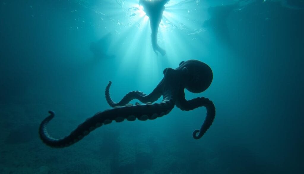 A hauntingly beautiful underwater scene, capturing the essence of a blue-blooded octopus. In the foreground, a large, tentacled creature gracefully moves through the water, its iridescent blue blood pulsing through its intricate circulatory system. The middle ground is filled with a hazy, ethereal glow, as sunlight filters through the turbulent, acidic ocean. In the background, ominous shadows loom, hinting at the threats of climate change and ocean acidification. Dramatic lighting casts dramatic shadows, creating a moody, contemplative atmosphere. Captured with a wide-angle lens, the composition draws the viewer into the otherworldly realm of the blue-blooded octopus.