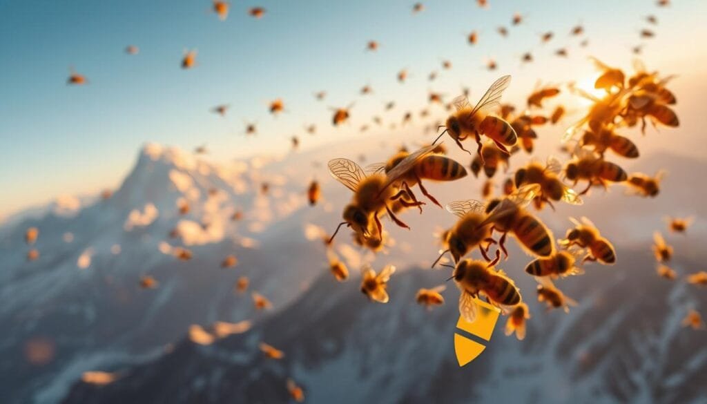 A high-altitude aerial view of a swarm of honeybees effortlessly soaring above the majestic peaks of the Himalayan mountains, with the iconic Mount Everest in the distance. The bees defy the conventional wisdom, their wings cutting through the thin, crisp air as they ascend to dizzying heights. The scene is bathed in warm, golden sunlight, casting a serene, almost mystical ambiance. In the foreground, a stylized scientific diagram or infographic subtly debunks the persistent myth that "bees shouldn't be able to fly," highlighting the aerodynamic marvels of these industrious pollinators. A high-altitude aerial view of a swarm of honeybees effortlessly soaring above the majestic peaks of the Himalayan mountains, with the iconic Mount Everest in the distance. The bees defy the conventional wisdom, their wings cutting through the thin, crisp air as they ascend to dizzying heights. The scene is bathed in warm, golden sunlight, casting a serene, almost mystical ambiance. In the foreground, a stylized scientific diagram or infographic subtly debunks the persistent myth that "bees shouldn't be able to fly," highlighting the aerodynamic marvels of these industrious pollinators.